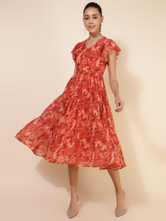 Janasya Rust Georgette Abstract Printed Tiered Casual Dress | Swadesiicart