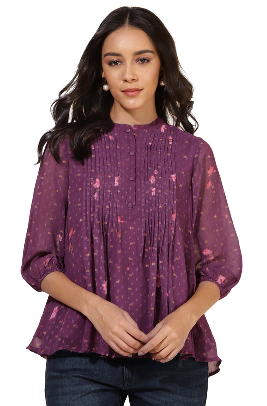Janasya Purple Dobby Georgette Floral Print Casual A-Line Top | Swadesiicart