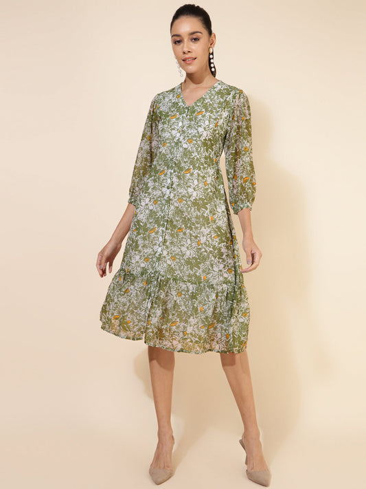 Janasya Olive Georgette Floral Printed A-Line Casual Dress | Swadesiicart