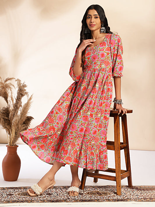 Janasya Multicolor Cotton Floral Printed Flared Dress | Swadesiicart