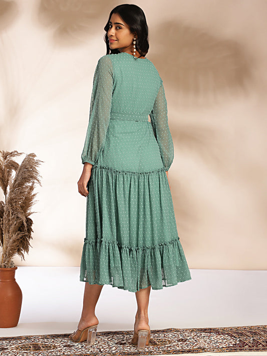 Janasya Sage Dobby Chiffon Solid Tiered Dress | Swadesiicart