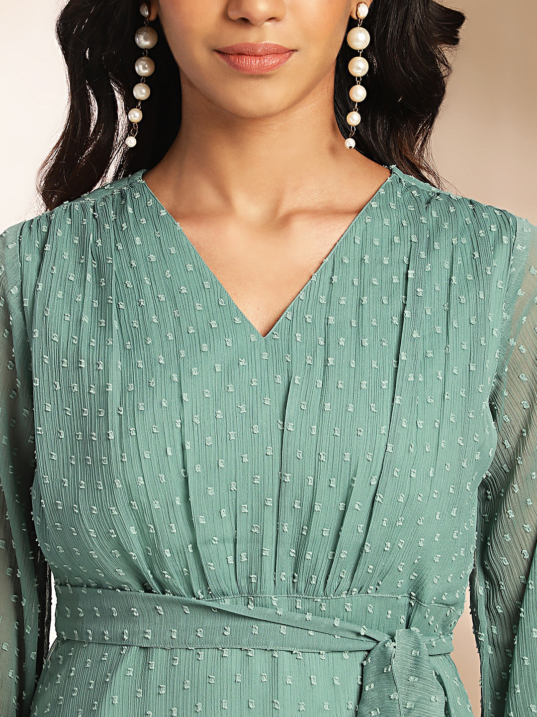 Janasya Sage Dobby Chiffon Solid Tiered Dress | Swadesiicart