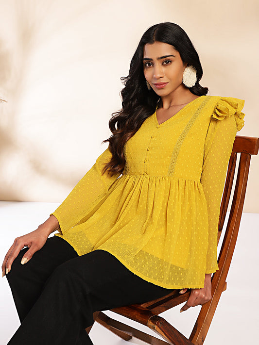 Janasya Mustard Dobby Chiffon Self Design Peplum Top | Swadesiicart