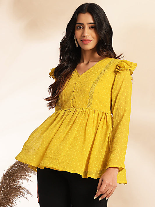 Janasya Mustard Dobby Chiffon Self Design Peplum Top | Swadesiicart