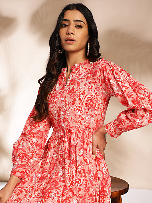 Janasya Pink Cotton Floral Fit & Flare Dress | Swadesiicart