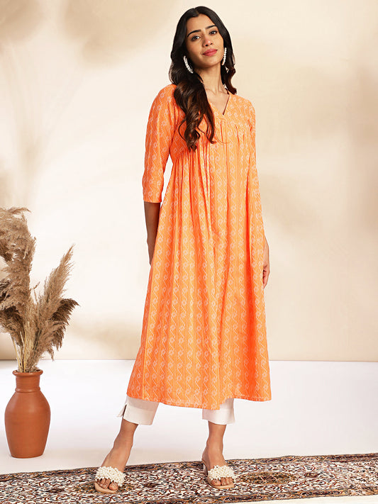 Janasya Orange Cotton Woven Design Gathered Kurta - Swadesiicart