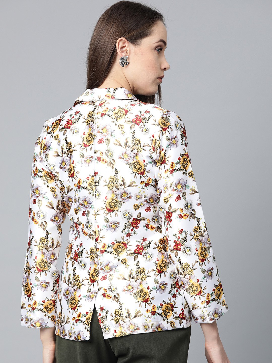 Jompers Women White & Yellow Satin Finish Floral Print Single-Breasted Blazer | Swadesiicart