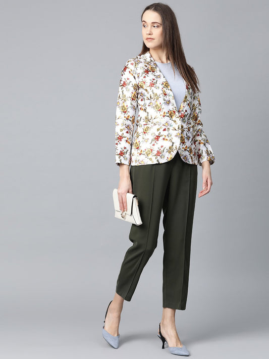 Jompers Women White & Yellow Satin Finish Floral Print Single-Breasted Blazer | Swadesiicart