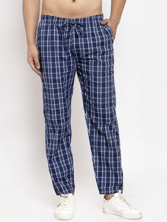 Jainish Men's Blue Checked Cotton Track Pants ( JOG 013Blue ) - Swadesiicart
