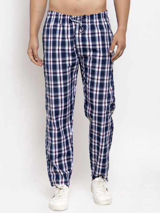 Jainish Men's Navy Blue Checked Cotton Track Pants ( JOG 013Navy-Blue ) - Swadesiicart