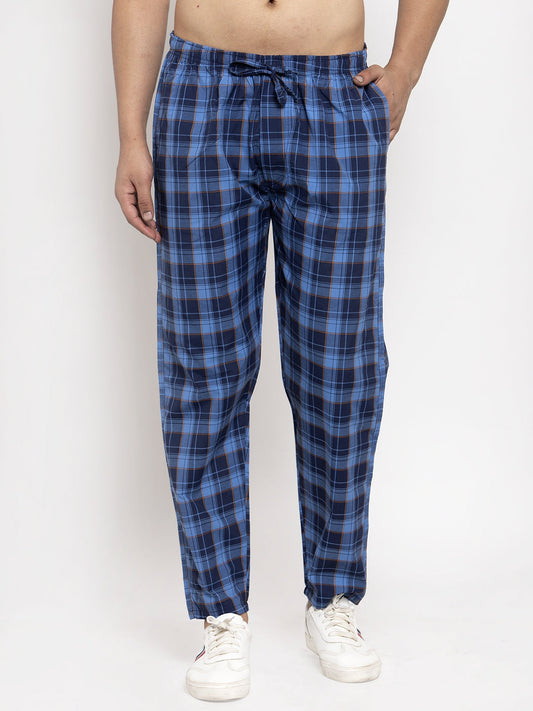 Jainish Men's Blue Checked Cotton Track Pants ( JOG 013Royal-Blue ) - Swadesiicart