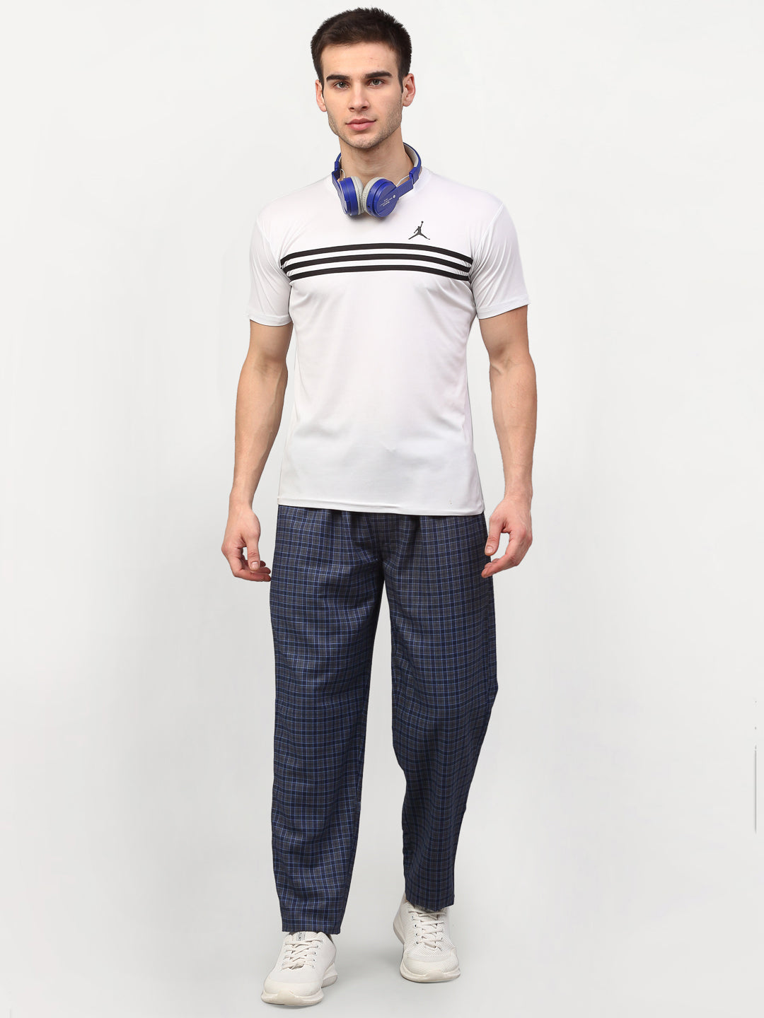Jainish Men's Navy Blue Cotton Checked Track Pants ( JOG 017Navy-Grey ) - Swadesiicart