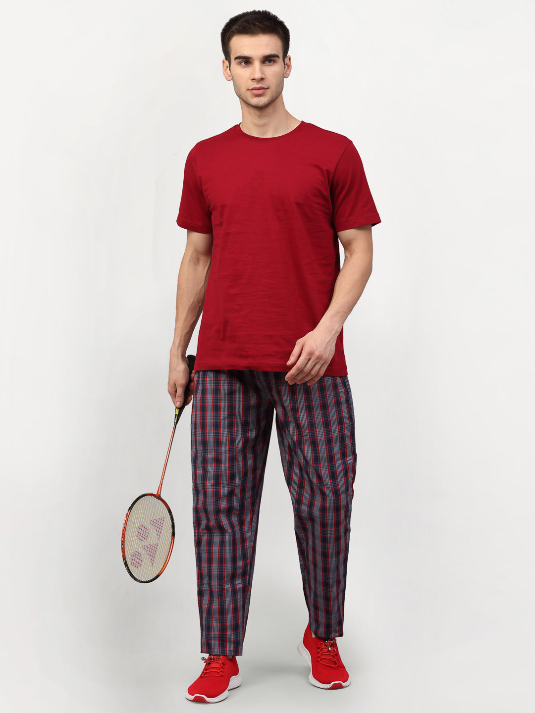 Jainish Men's Grey Cotton Checked Track Pants ( JOG 019Grey-Red ) - Swadesiicart