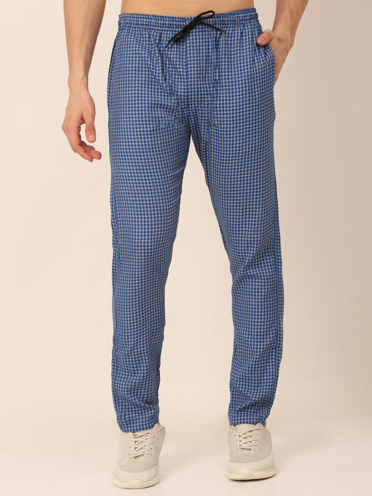 Jainish Men's Checked Cotton Track Pants - Blue - Swadesiicart