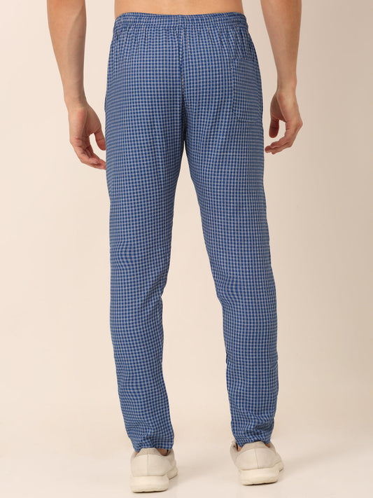 Jainish Men's Checked Cotton Track Pants - Blue - Swadesiicart