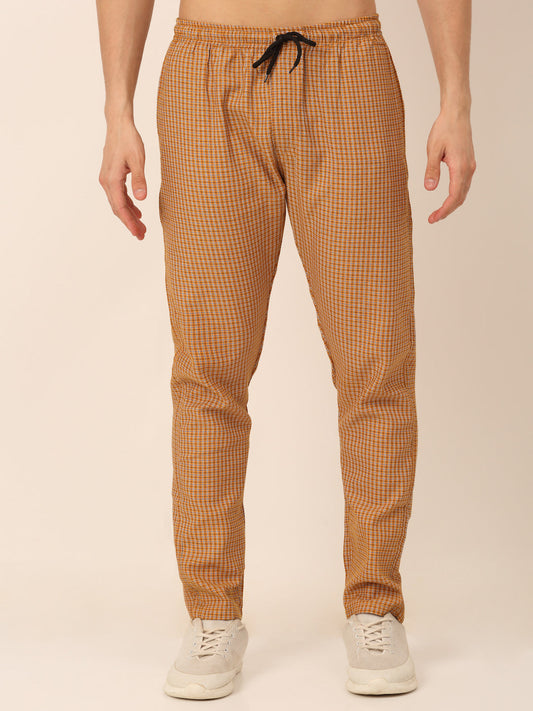 Jainish Men's Checked Cotton Track Pants - Mustard - Swadesiicart