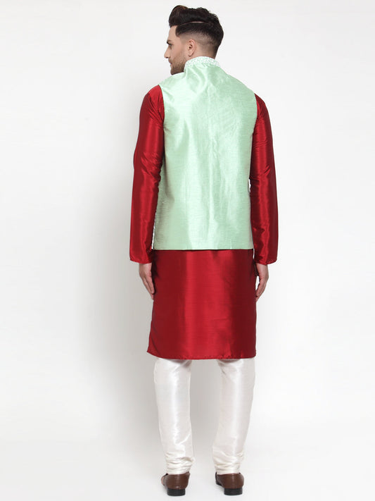 Jompers Men's Solid Dupion Kurta Pajama with Embroidered Nehru Jacket (Light-Green) | Swadesiicart