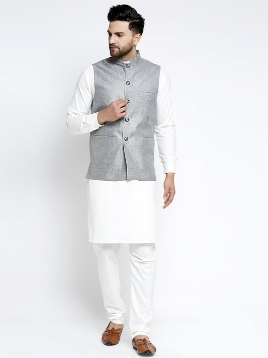 Jompers Men's Solid White Cotton Kurta Payjama with Solid Grey Waistcoat (Grey) | Swadesiicart