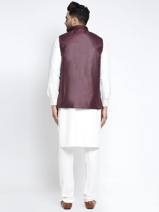Jompers Men's Solid White Cotton Kurta Payjama with Solid Maroon Waistcoat(Maroon) | Swadesiicart