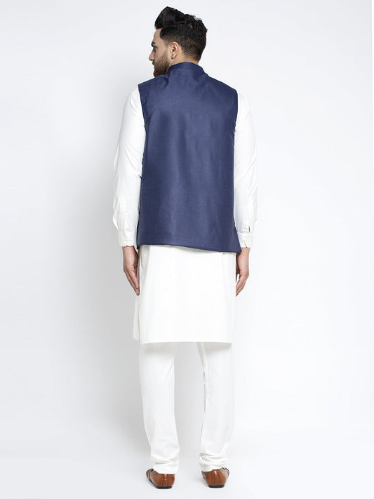 Jompers Men's Solid White Cotton Kurta Payjama with Solid Navy Waistcoat(Navy) | Swadesiicart
