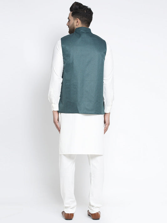 Jompers Men's Solid White Cotton Kurta Payjama with Solid Teal Waistcoat (Teal ) | Swadesiicart