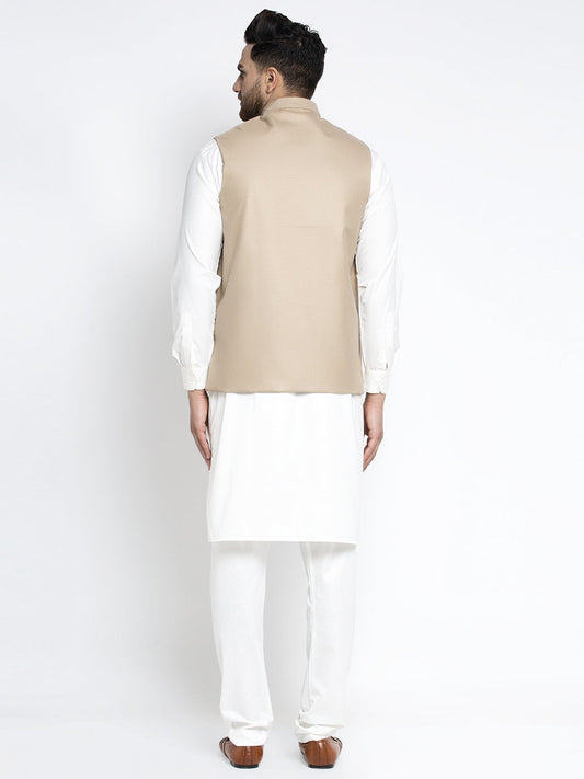 Jompers Men's Solid White Cotton Kurta Payjama with Geometric Waistcoat(Beige) | Swadesiicart