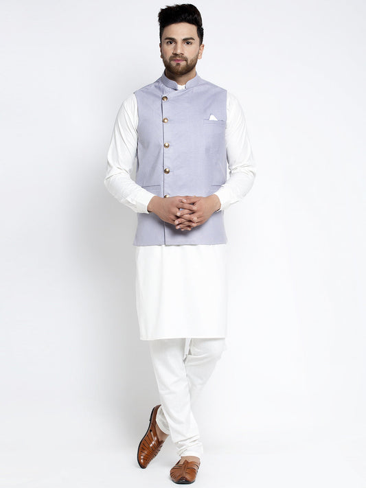 Jompers Men's Solid White Cotton Kurta Payjama with Geometric Waistcoat(Blue) | Swadesiicart