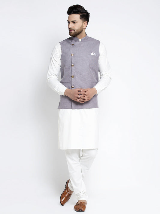 Jompers Men's Solid White Cotton Kurta Payjama with Geometric Waistcoat(Purple) | Swadesiicart