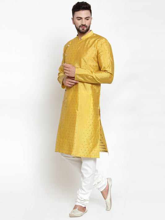 Jompers Men Yellow & Golden Self Design Kurta with Churidar | Swadesiicart