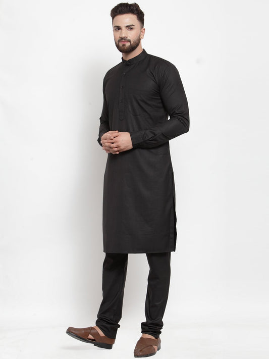 Jompers Men Black Solid Mandarin Collar Kurta with Churidar | Swadesiicart