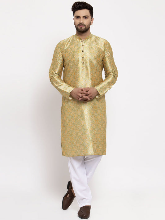Jompers Men Green & Gold-Toned Woven Design Kurta with Pyjamas | Swadesiicart