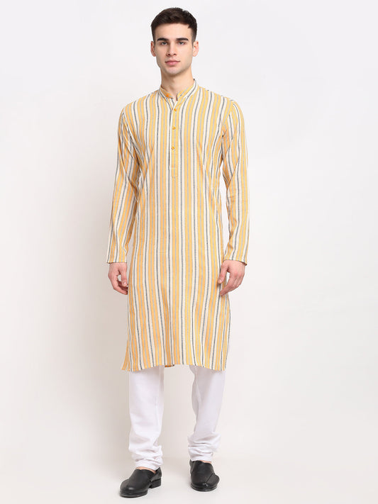 Jompers Men's Yellow Cotton Striped Kurta Payjama Sets | Swadesiicart