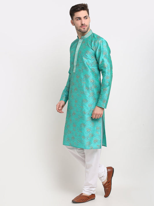 Jompers Men's Green Dupion Printed Kurta Payjama Sets | Swadesiicart