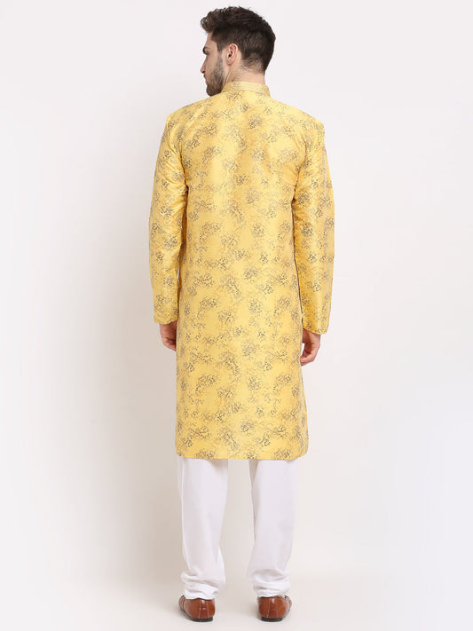 Jompers Men's Yellow Dupion Printed Kurta Only | Swadesiicart