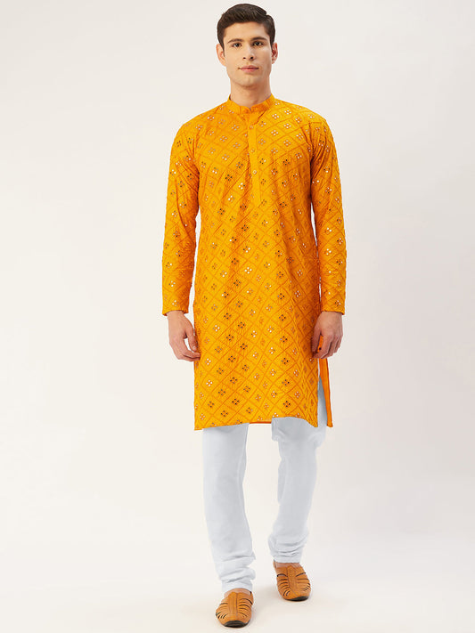 Jompers Men's Yellow Embroidered Mirror Work Kurta Pyjama | Swadesiicart