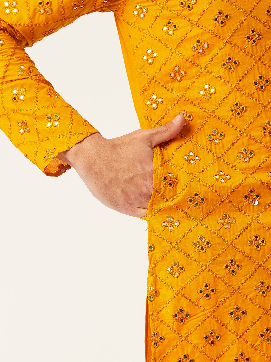 Jompers Men's Yellow Embroidered Mirror Work Kurta Only | Swadesiicart
