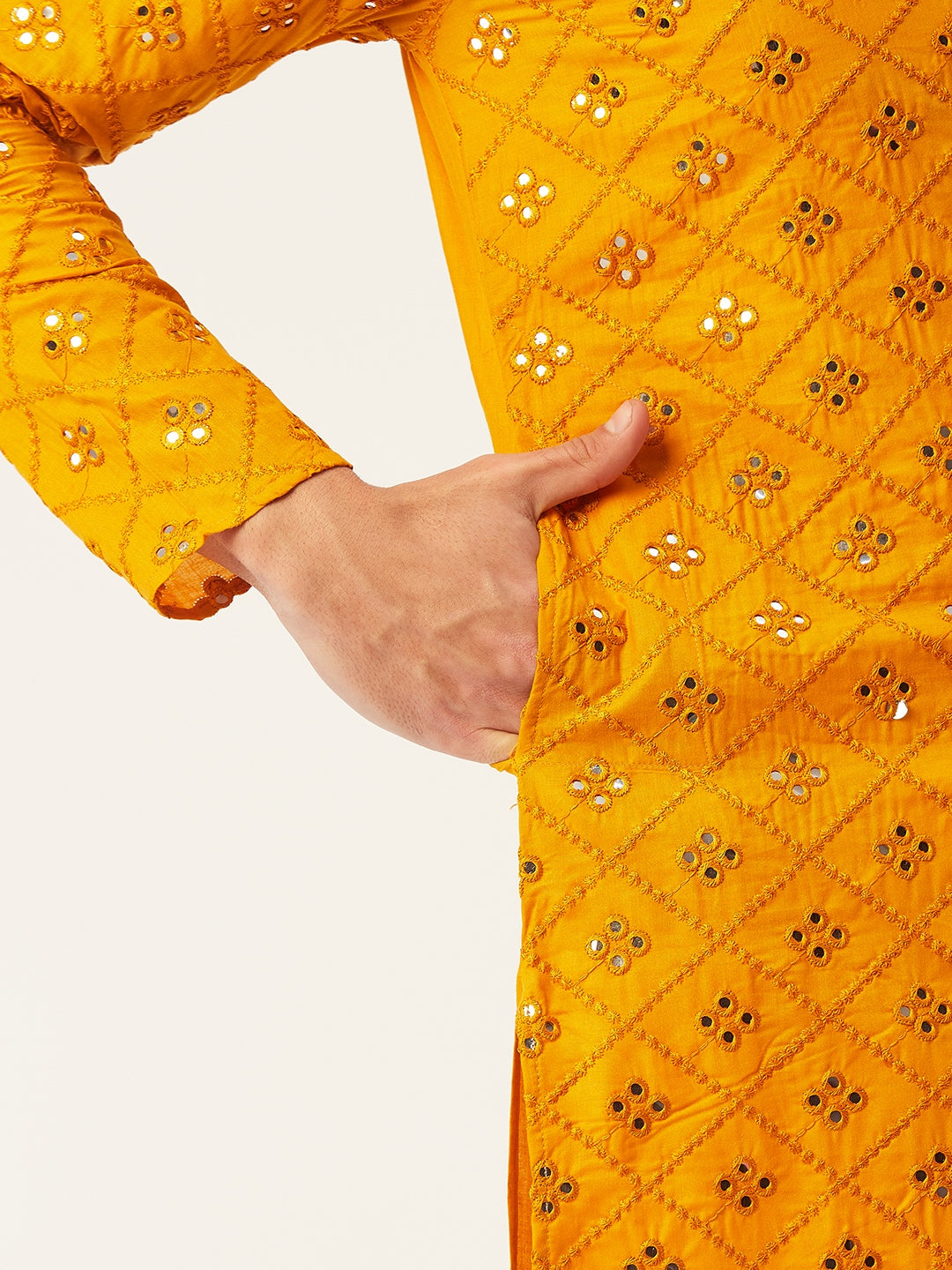 Jompers Men's Yellow Embroidered Mirror Work Kurta Pyjama | Swadesiicart