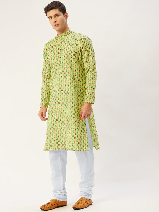 Jompers Men's Green Cotton Ikat printed kurta Pyjama Set | Swadesiicart