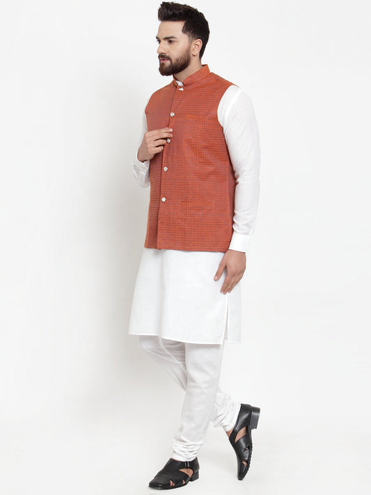 Jompers Men's Solid Cotton Kurta Pajama with Woven Jacquard Waistcoat (Red) | Swadesiicart