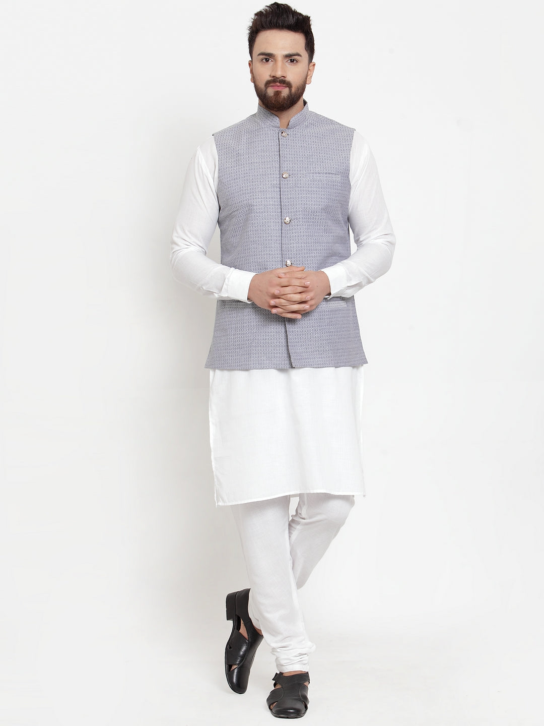 Jompers Men's Solid Cotton Kurta Pajama with Woven Jacquard Waistcoat (Steel-Blue) | Swadesiicart