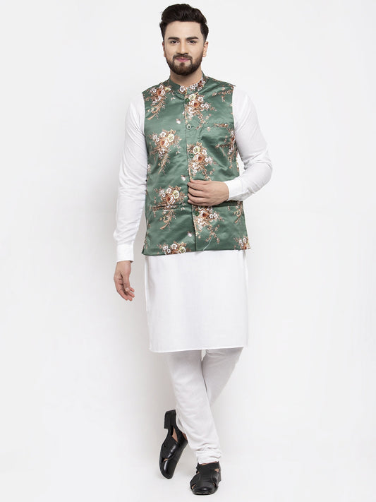 Jompers Men's Solid Cotton Kurta Pajama with Printed Waistcoat (Green-W) | Swadesiicart