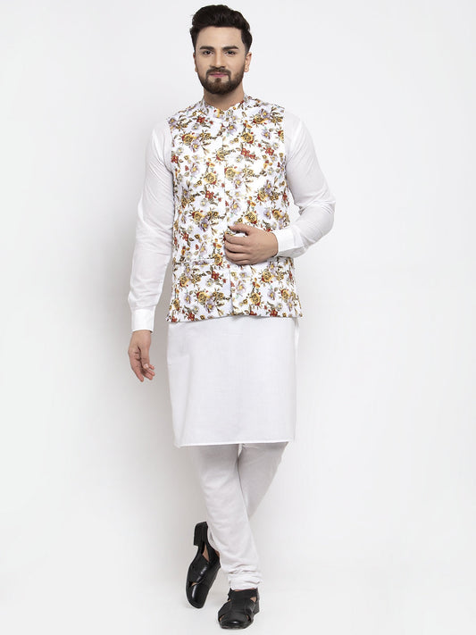 Jompers Men's Solid Cotton Kurta Pajama with Printed Waistcoat (White-W) | Swadesiicart