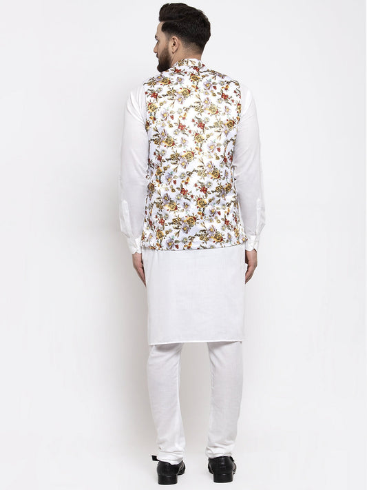 Jompers Men's Solid Cotton Kurta Pajama with Printed Waistcoat (White-W) | Swadesiicart