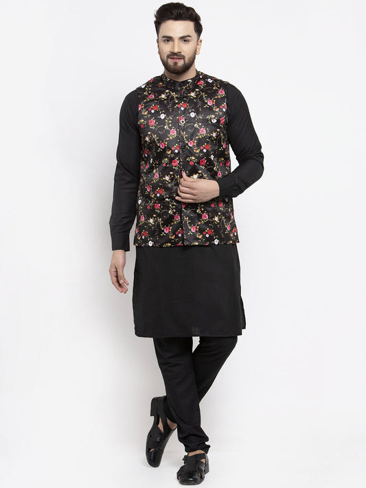 Jompers Men's Solid Cotton Kurta Pajama with Printed Waistcoat (Black-B) | Swadesiicart
