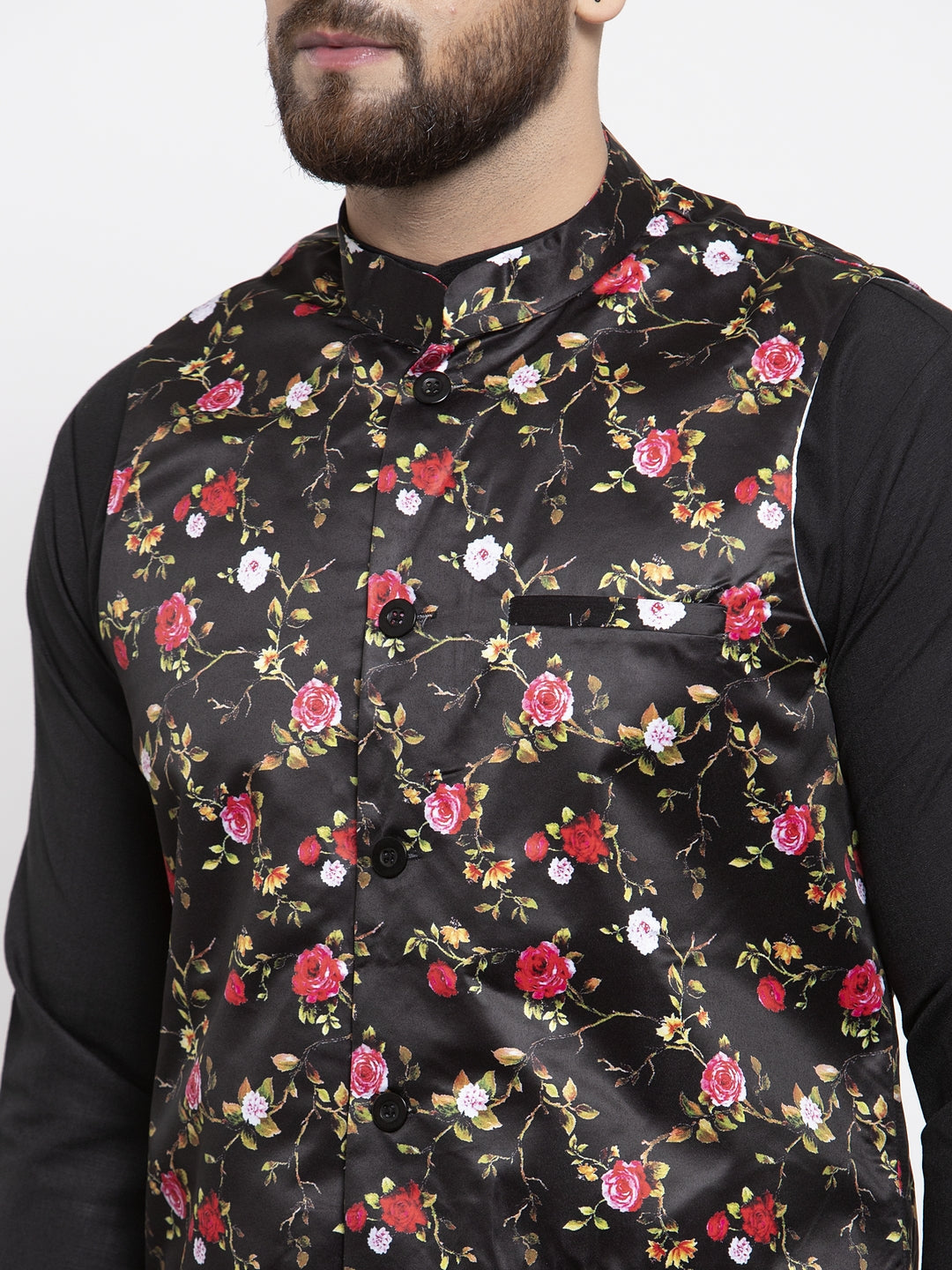 Jompers Men's Solid Cotton Kurta Pajama with Printed Waistcoat (Black-B) | Swadesiicart