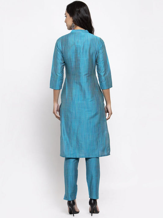 Jompers Women Blue & Green Self-Striped Kurta with Trousers | Swadesiicart