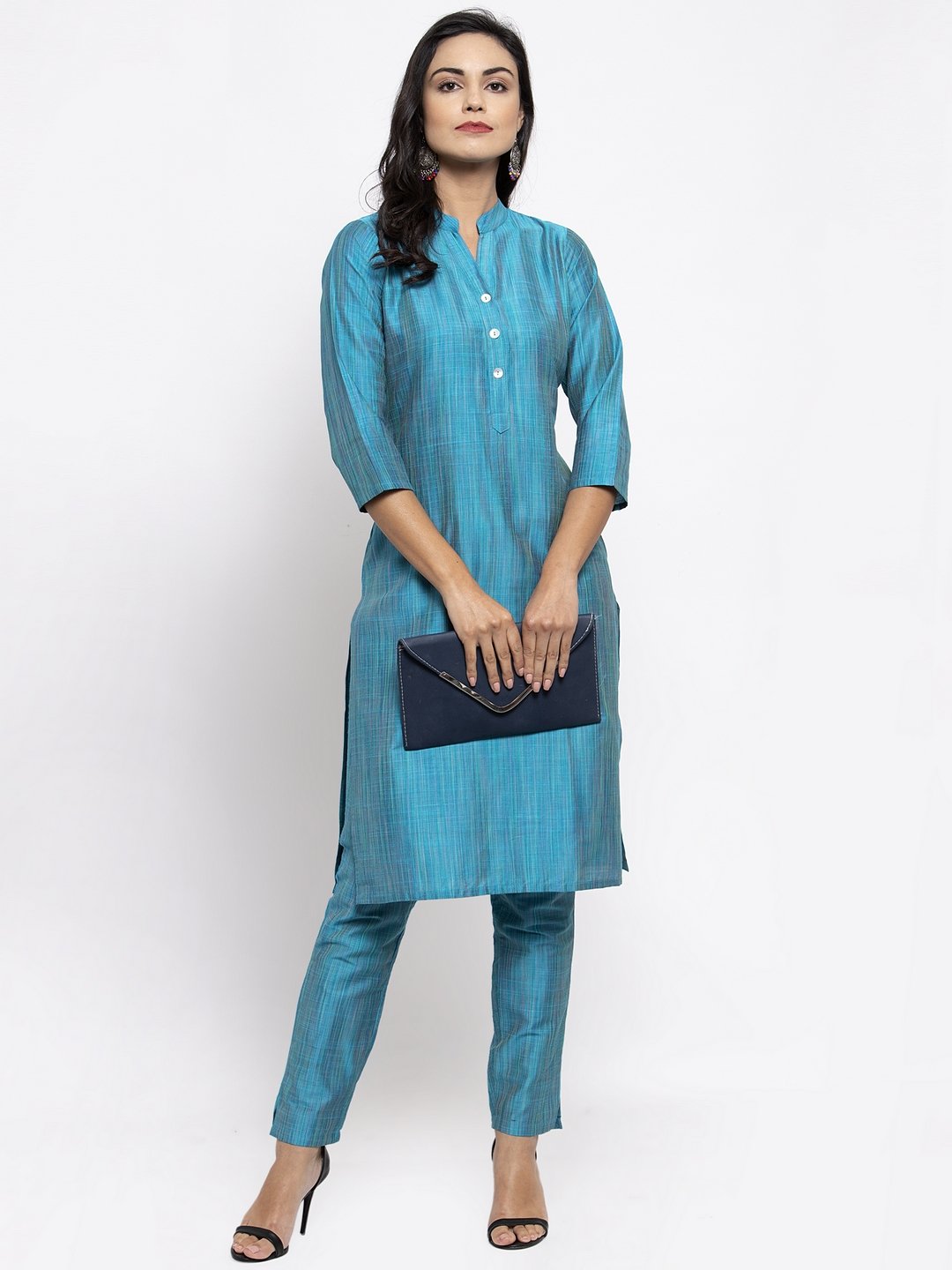 Jompers Women Blue & Green Self-Striped Kurta with Trousers | Swadesiicart