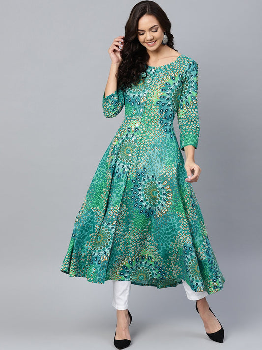 Jompers Women Green & White Printed Flared Kurta - Jompers