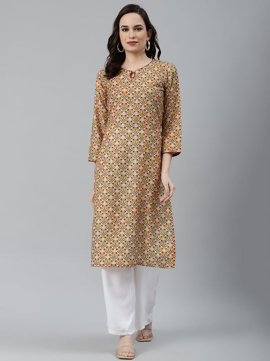Jompers Women Yellow & Maroon Floral Printed Keyhole Neck Kurta | Swadesiicart