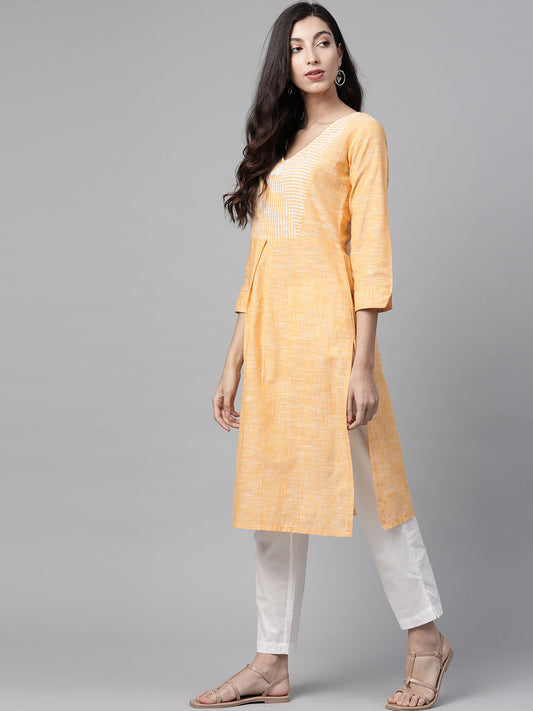 Jompers Women Yellow Pure Cotton Striped Pleated Kurta | Swadesiicart